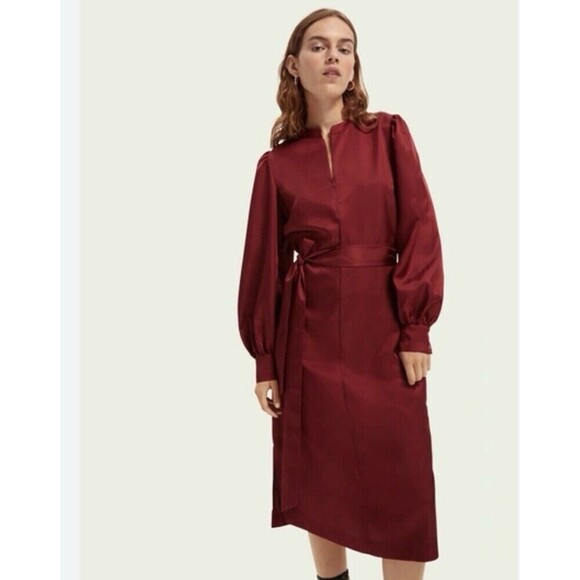 Scotch & Soda Dresses & Skirts - Scotch & Soda Womens Voyage Burgundy Red Satin Dress Midi Puff Sleeves Size XL
